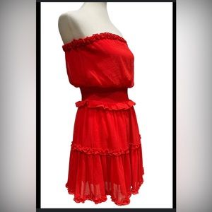 SHE+SKY red strapless ruffle dress.